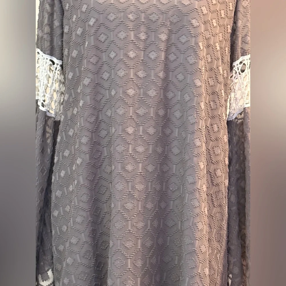 VaVa by Joy Han Bohemian Dress Taupe Big Bell Sleeves Size L Lace Trim Lined - Picture 6 of 14